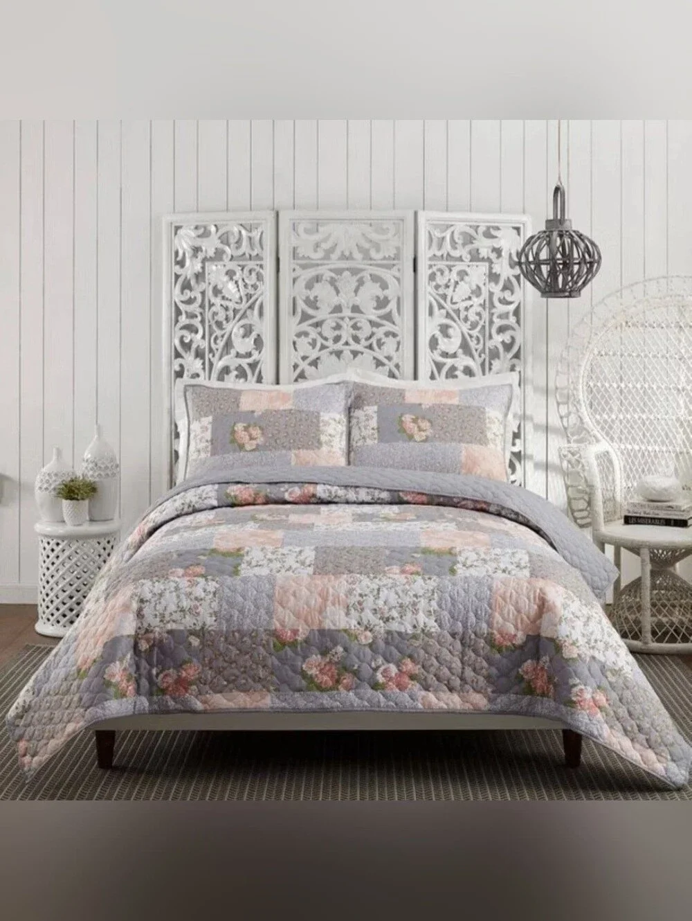 King 3pc La Flor Quilt Set Blush/Gray - Modern Heirloom